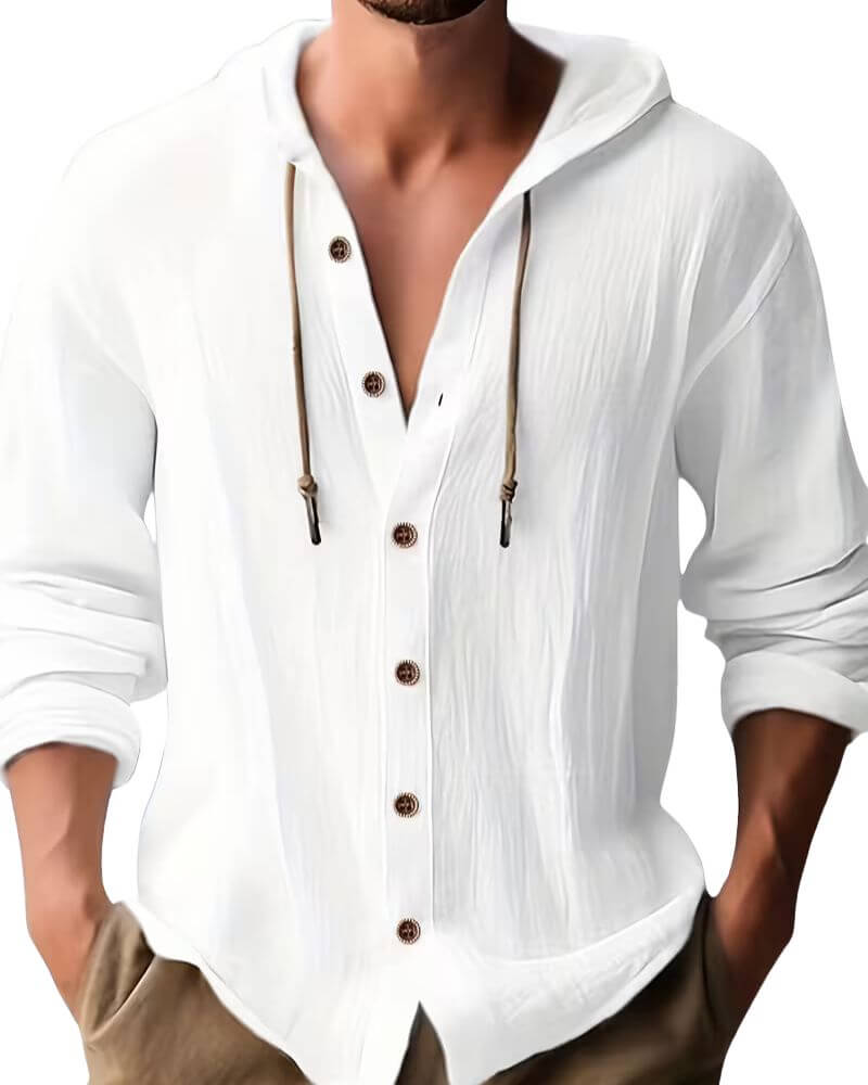 Effortless Linen Hooded Shirt for Women with V Neck Long Sleeve Button Front Relaxed Style