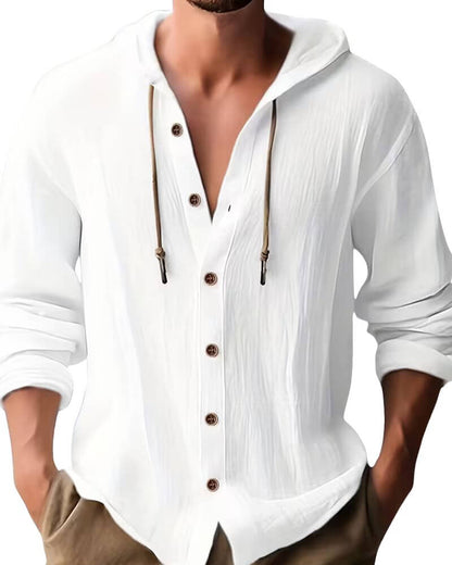 Effortless Linen Hooded Shirt for Women with V Neck Long Sleeve Button Front Relaxed Style