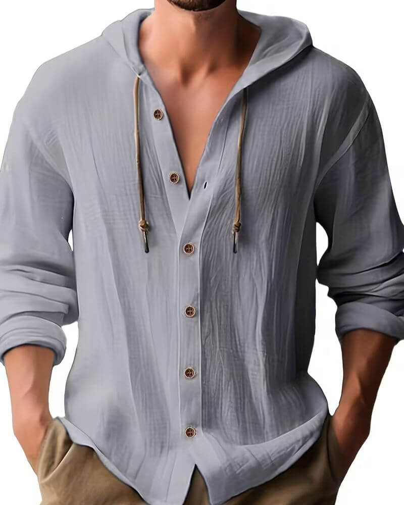Effortless Linen Hooded Shirt for Women with V Neck Long Sleeve Button Front Relaxed Style