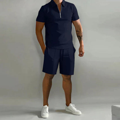 Effortless Polo Two Piece Set for Women with Zip Collar Short Sleeve Drawstring Shorts Casual Style