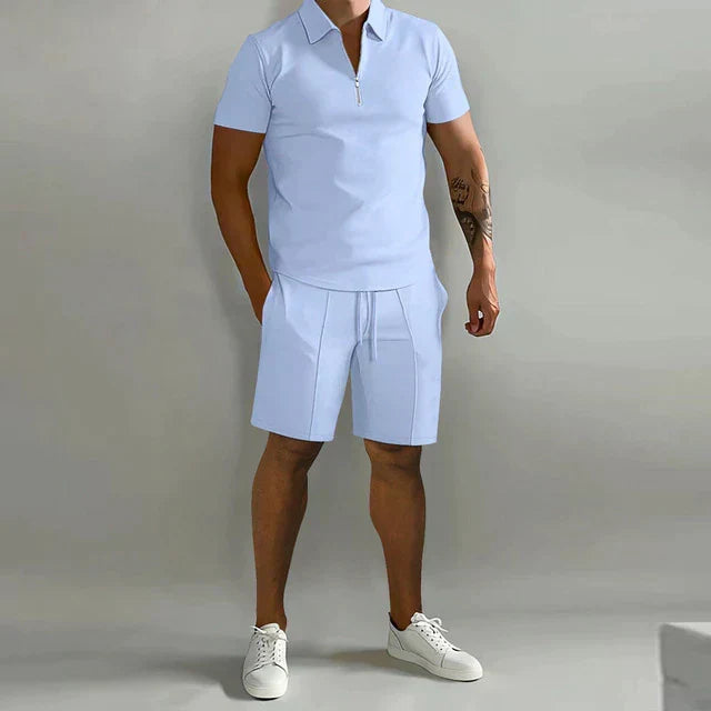 Effortless Polo Two Piece Set for Women with Zip Collar Short Sleeve Drawstring Shorts Casual Style