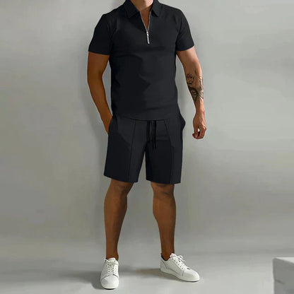 Effortless Polo Two Piece Set for Women with Zip Collar Short Sleeve Drawstring Shorts Casual Style