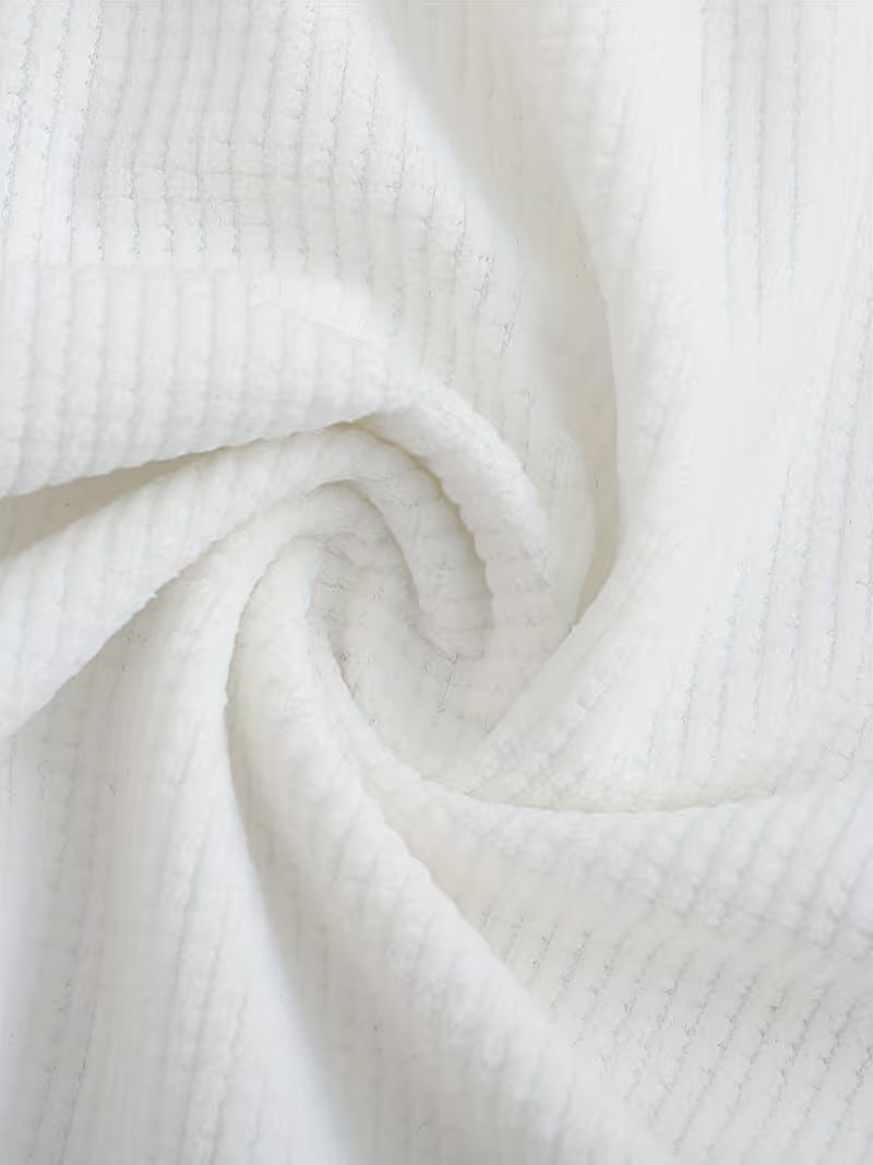 Effortless White Waffle Knit Blouse for Women with Band Collar Long Sleeve Roll Tab Cuff Casual Style