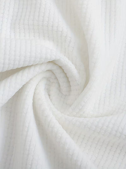 Effortless White Waffle Knit Blouse for Women with Band Collar Long Sleeve Roll Tab Cuff Casual Style