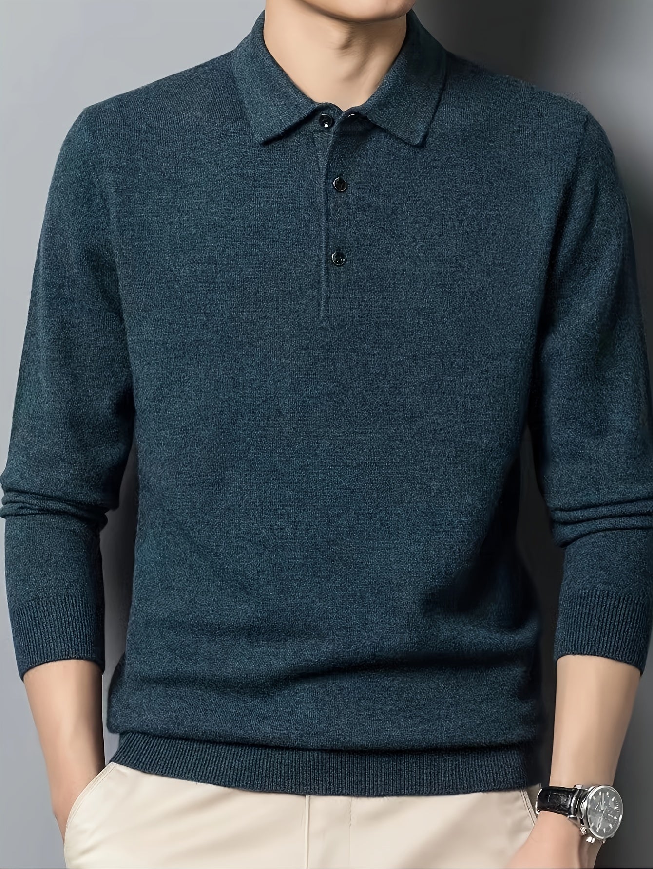 Comfortable Teal Polo Sweater for Women with Collar Long Sleeve Button Placket Ribbed Knit Style