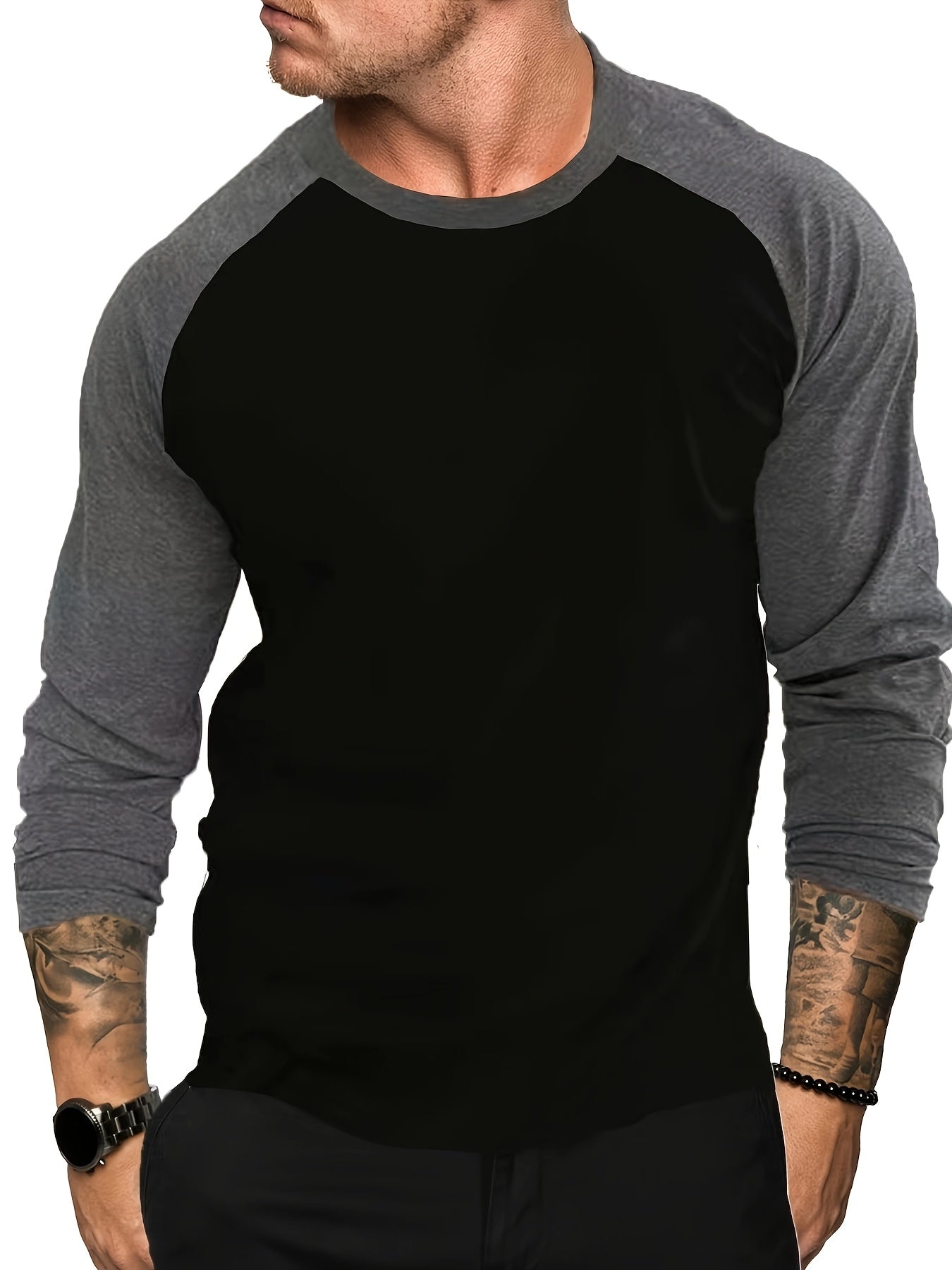 Comfortable Black Colorblock Shirt for Women with Crew Neck Raglan Sleeve Relaxed Casual Style
