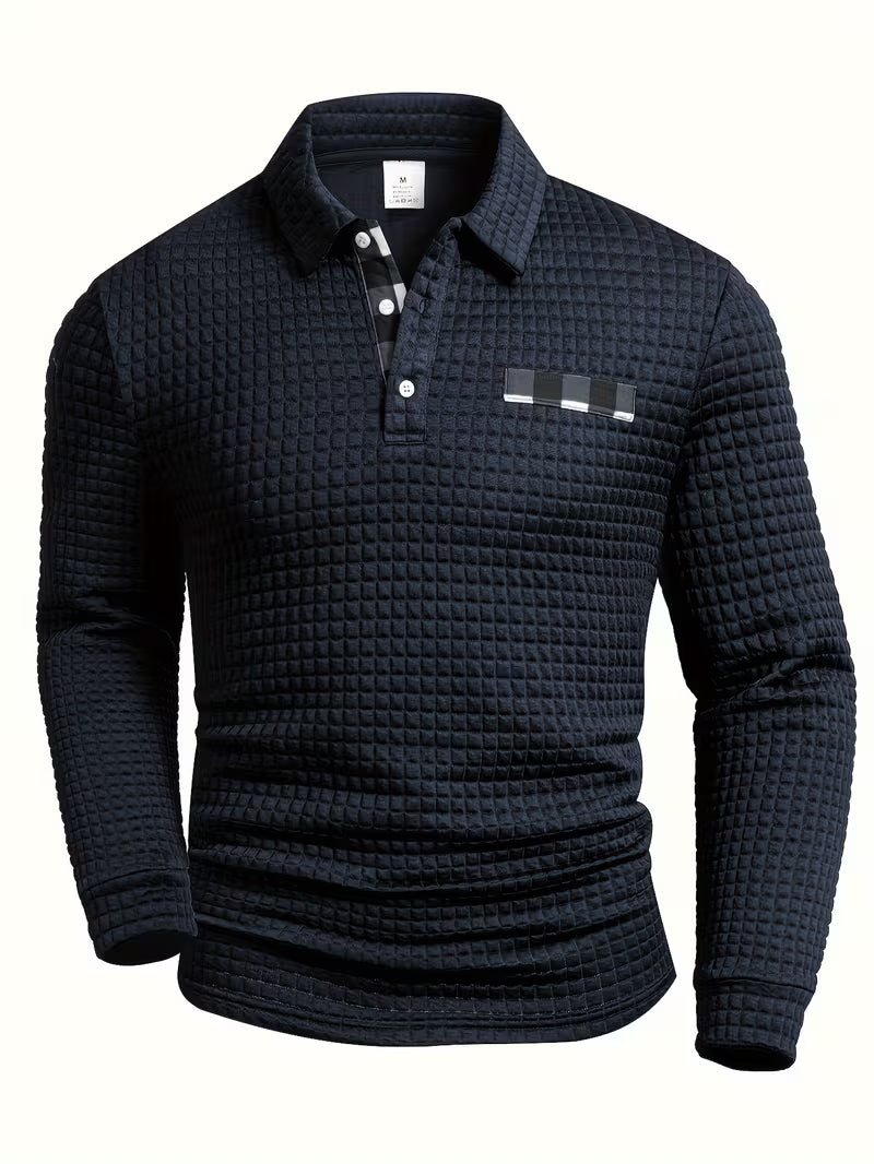 Comfortable Waffle Knit Polo Shirt for Women with Collar Long Sleeve Plaid Trim Button Front Casual Style