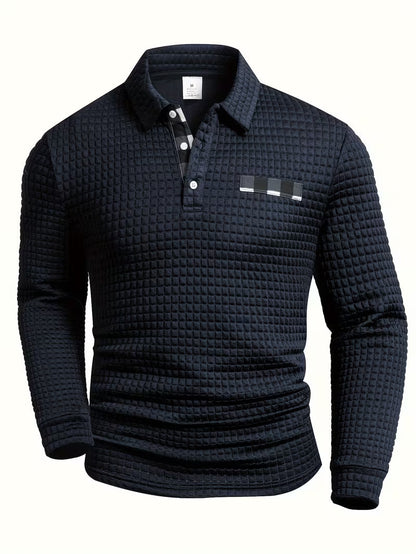 Comfortable Waffle Knit Polo Shirt for Women with Collar Long Sleeve Plaid Trim Button Front Casual Style