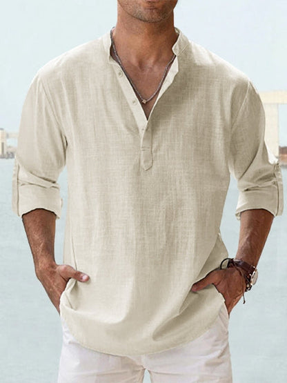 Effortless Linen Shirt for Women with Band Collar Long Sleeve Relaxed Button Placket Casual Style