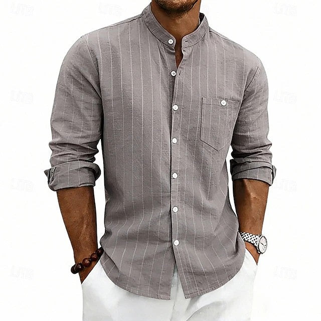 Effortless Striped Linen Shirt for Women with Band Collar Long Sleeve Button Front Casual Style