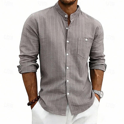 Effortless Striped Linen Shirt for Women with Band Collar Long Sleeve Button Front Casual Style