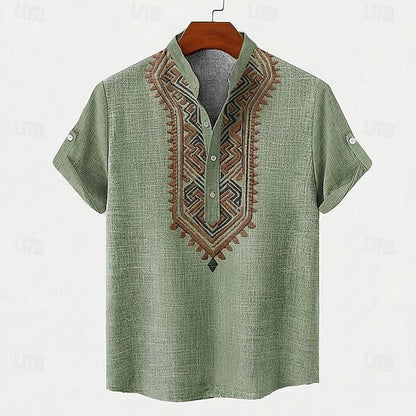Effortless Tribal Embroidered Linen Henley Shirt for Women with Band Collar Short Sleeve Button Placket Casual Style