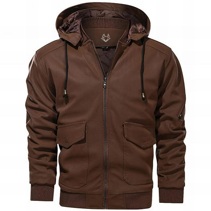 Effortless Leather Bomber Jacket for Women with Hooded Long Sleeve Cargo Pocket Casual Style