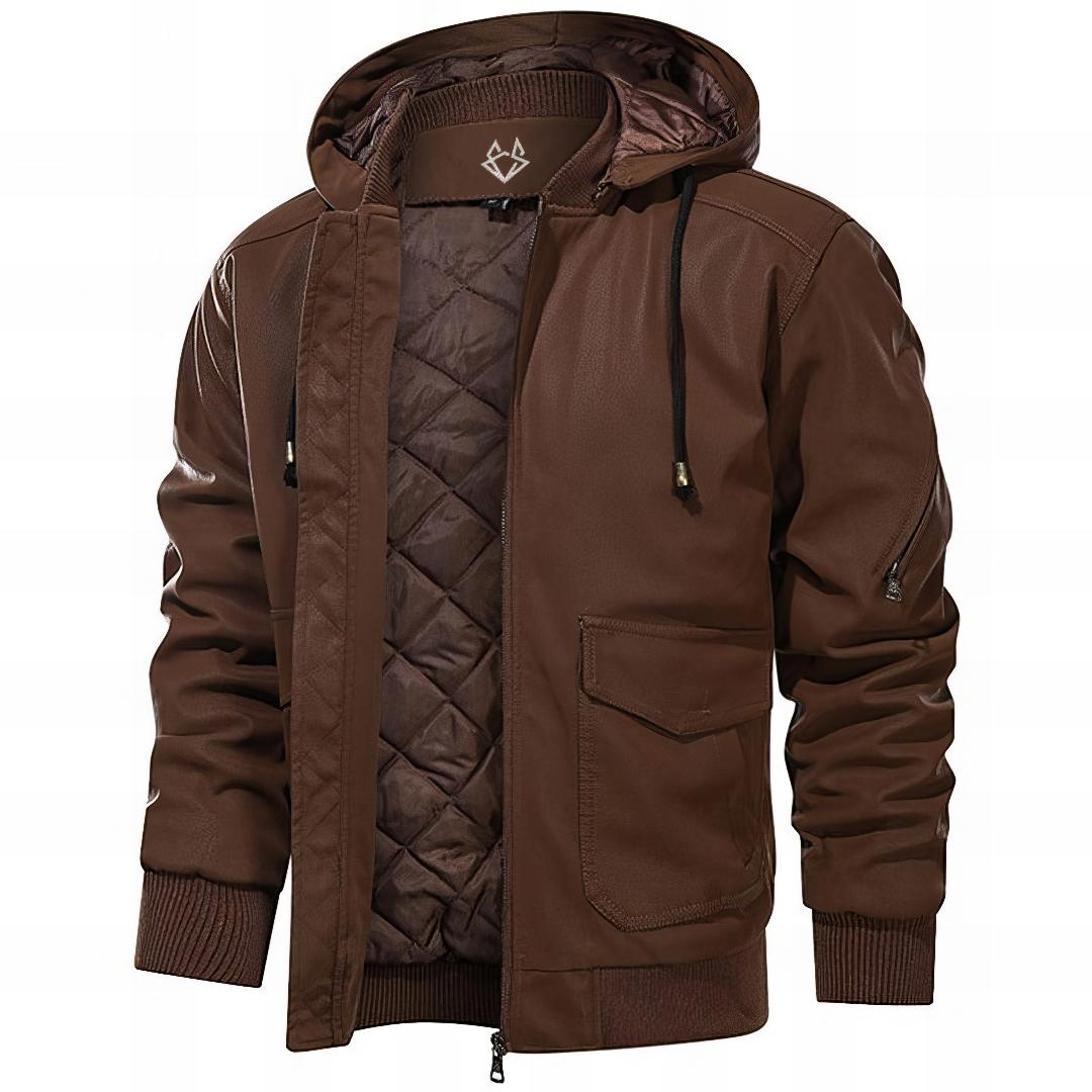 Effortless Leather Bomber Jacket for Women with Hooded Long Sleeve Cargo Pocket Casual Style