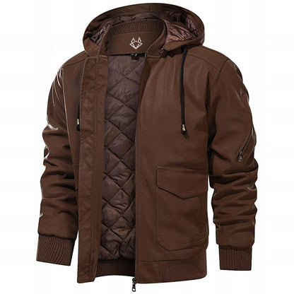 Effortless Leather Bomber Jacket for Women with Hooded Long Sleeve Cargo Pocket Casual Style