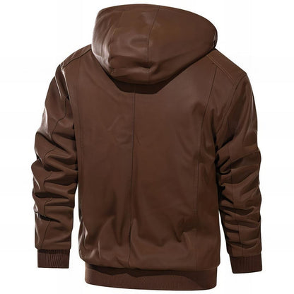 Effortless Leather Bomber Jacket for Women with Hooded Long Sleeve Cargo Pocket Casual Style