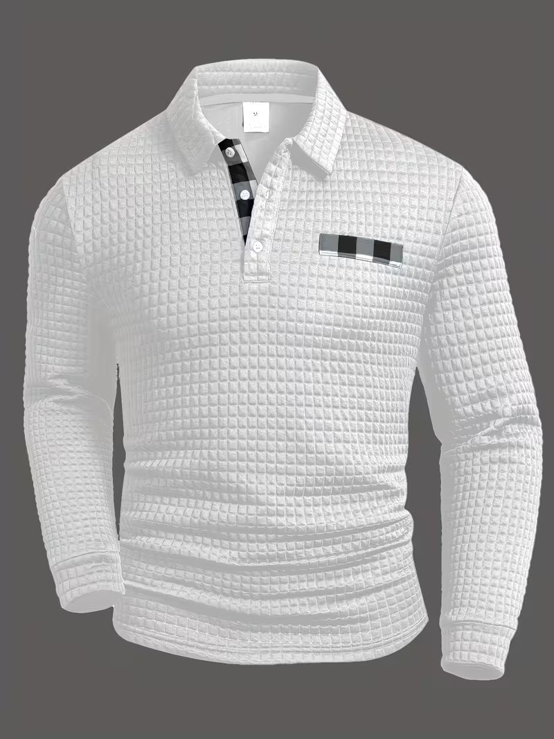 Comfortable Waffle Knit Polo Shirt for Women with Collar Long Sleeve Plaid Trim Button Front Casual Style