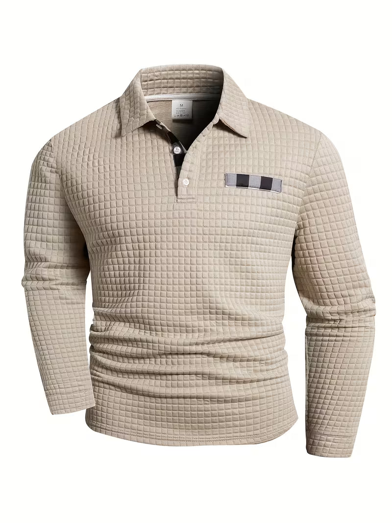 Comfortable Waffle Knit Polo Shirt for Women with Collar Long Sleeve Plaid Trim Button Front Casual Style