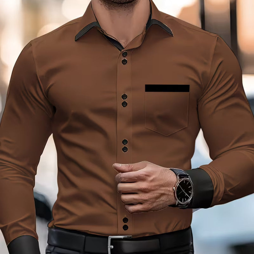 Elegant Satin Blouse for Women with Collar Long Sleeve Contrast Trim Silky Style