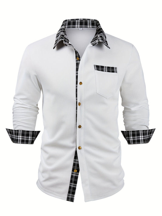 Effortless White Waffle Knit Button Down Shirt for Women with Plaid Collar Long Sleeve Button Front Chest Pocket Casual Style
