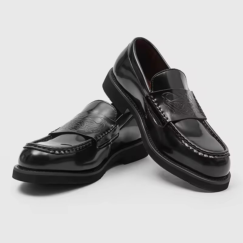 Elegant Black Leather Loafer for Women with Embossed Strap Round Toe Chunky Platform Style