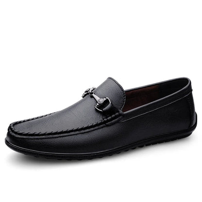 Elegant Leather Loafer for Women with Moc Toe Slip On Bit Buckle Casual Style