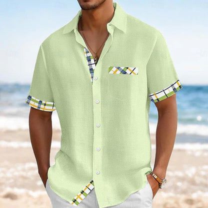 Effortless Plaid Trim Linen Shirt for Women with Collar Short Sleeve Button Front Relaxed Casual Style
