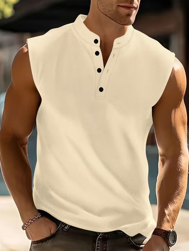 Effortless Textured Knit Tank Top for Women with Stand Collar Button Front Sleeveless Relaxed Casual Style