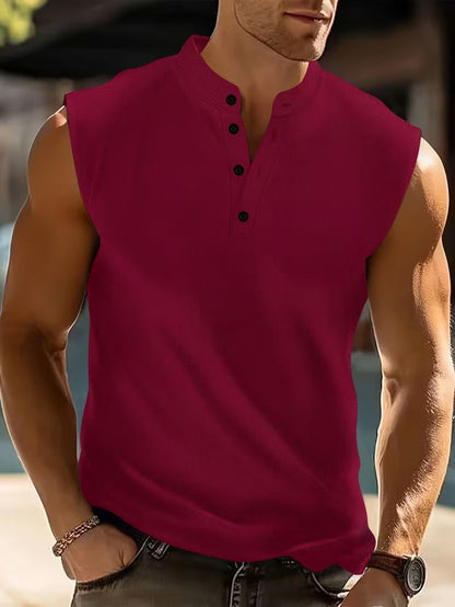 Effortless Textured Knit Tank Top for Women with Stand Collar Button Front Sleeveless Relaxed Casual Style