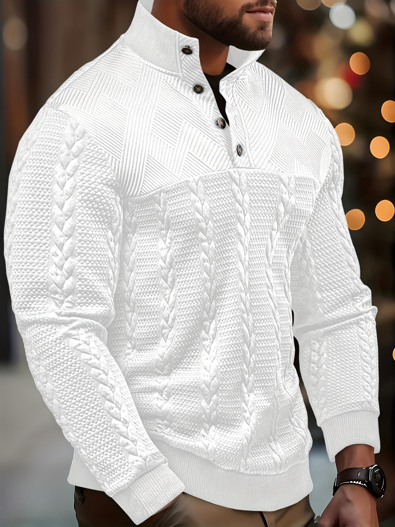 Comfortable Black Cable Knit Sweater for Women with Mock Neck Long Sleeve Button Placket Relaxed Style