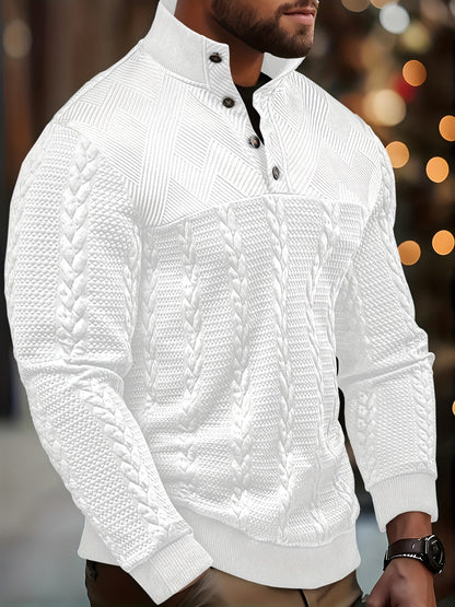 Comfortable Black Cable Knit Sweater for Women with Mock Neck Long Sleeve Button Placket Relaxed Style