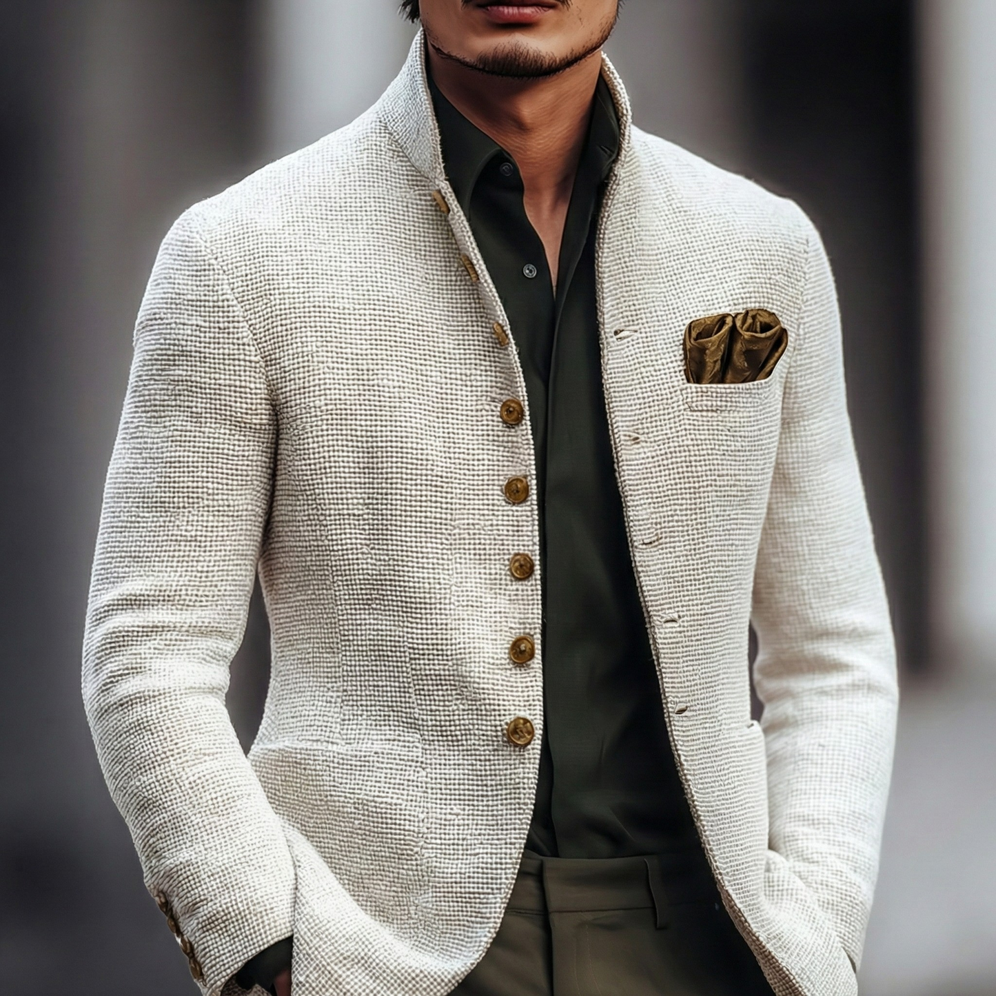 Elegant White Tweed Blazer for Women with Stand Collar Long Sleeve Button Front Tailored Style