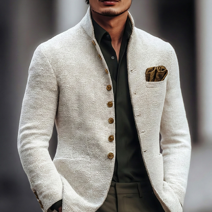 Elegant White Tweed Blazer for Women with Stand Collar Long Sleeve Button Front Tailored Style