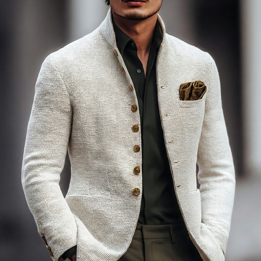 Elegant White Tweed Blazer for Women with Stand Collar Long Sleeve Button Front Tailored Style