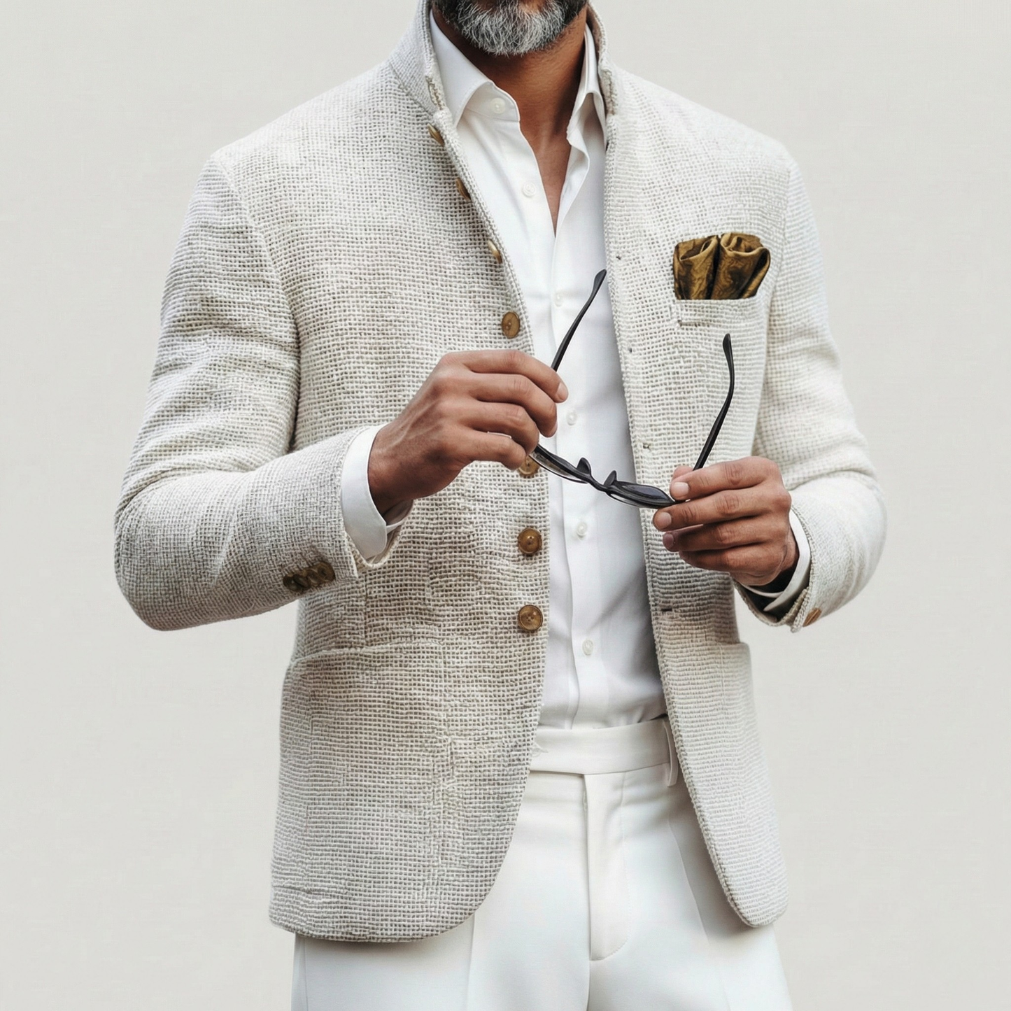 Elegant White Tweed Blazer for Women with Stand Collar Long Sleeve Button Front Tailored Style