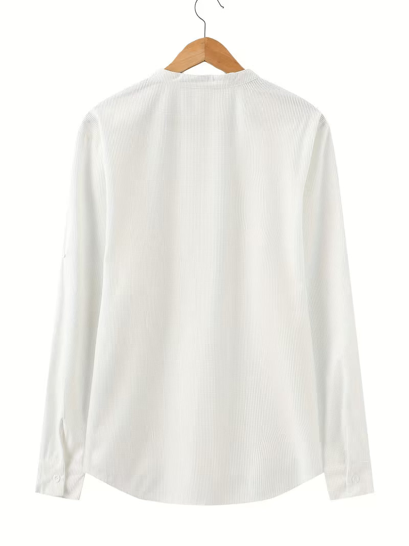 Effortless White Waffle Knit Blouse for Women with Band Collar Long Sleeve Roll Tab Cuff Casual Style
