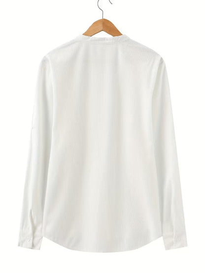 Effortless White Waffle Knit Blouse for Women with Band Collar Long Sleeve Roll Tab Cuff Casual Style
