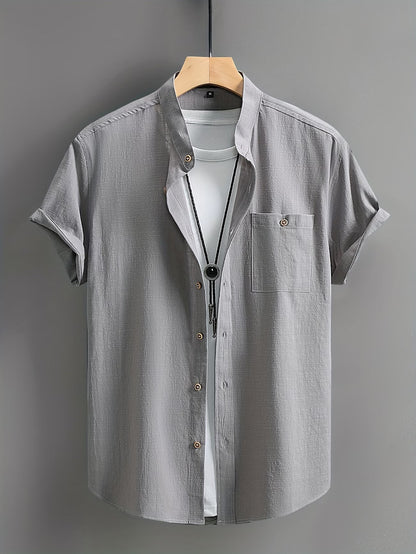 Effortless Linen Shirt for Women with Stand Collar Short Sleeve Button Front Casual Style