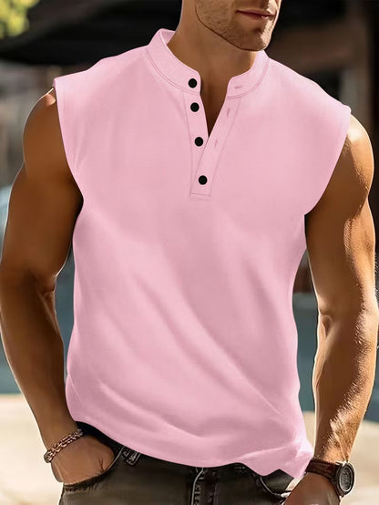 Effortless Textured Knit Tank Top for Women with Stand Collar Button Front Sleeveless Relaxed Casual Style