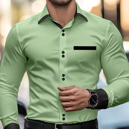 Elegant Satin Blouse for Women with Collar Long Sleeve Contrast Trim Silky Style