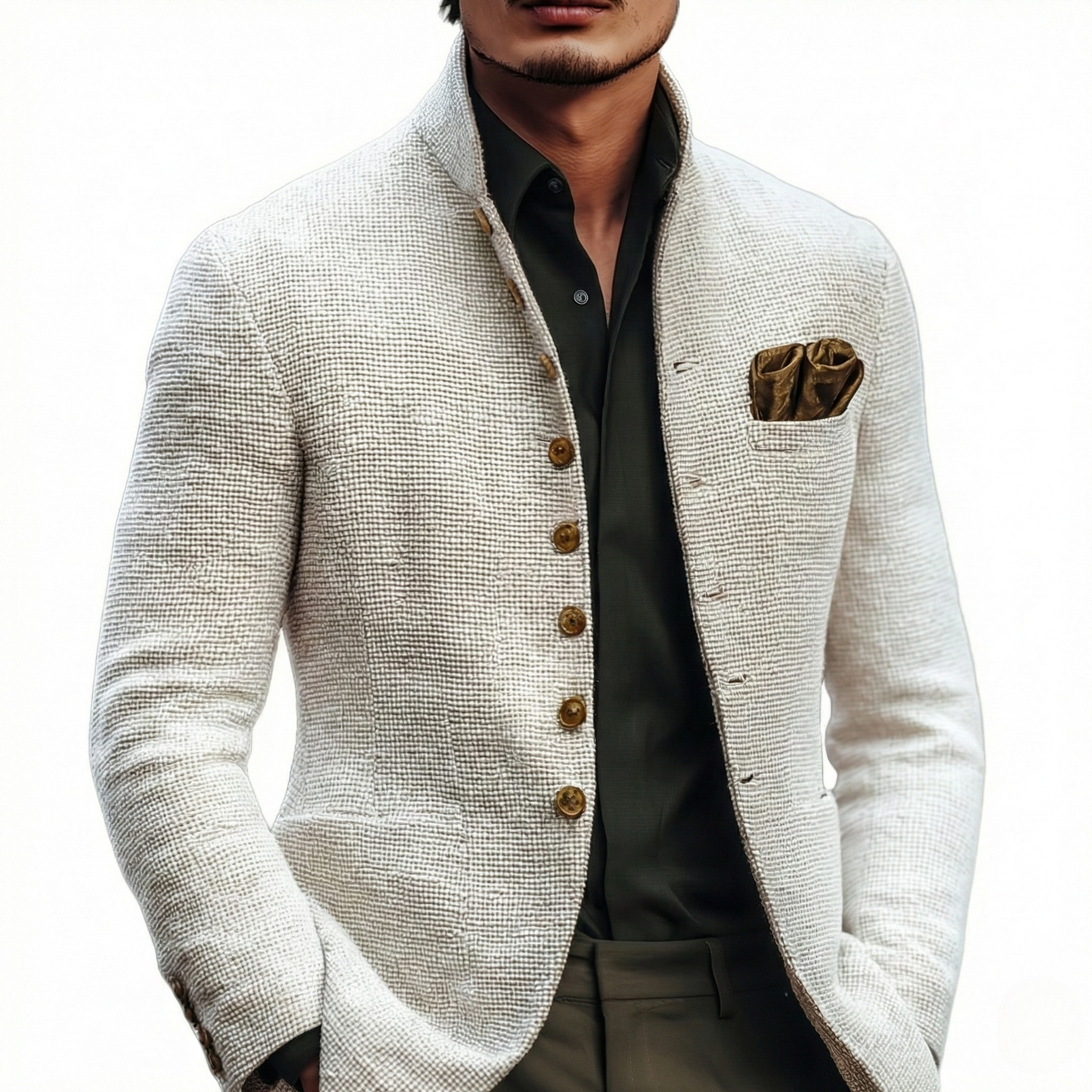 Elegant White Tweed Blazer for Women with Stand Collar Long Sleeve Button Front Tailored Style