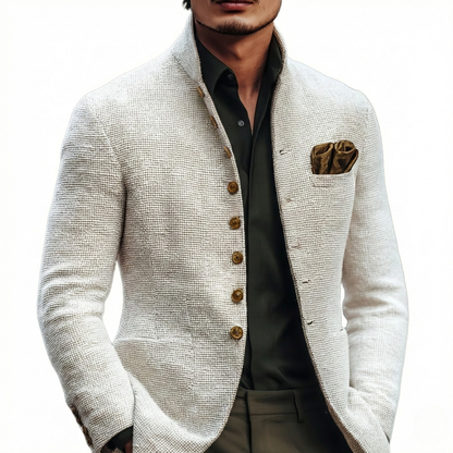 Elegant White Tweed Blazer for Women with Stand Collar Long Sleeve Button Front Tailored Style