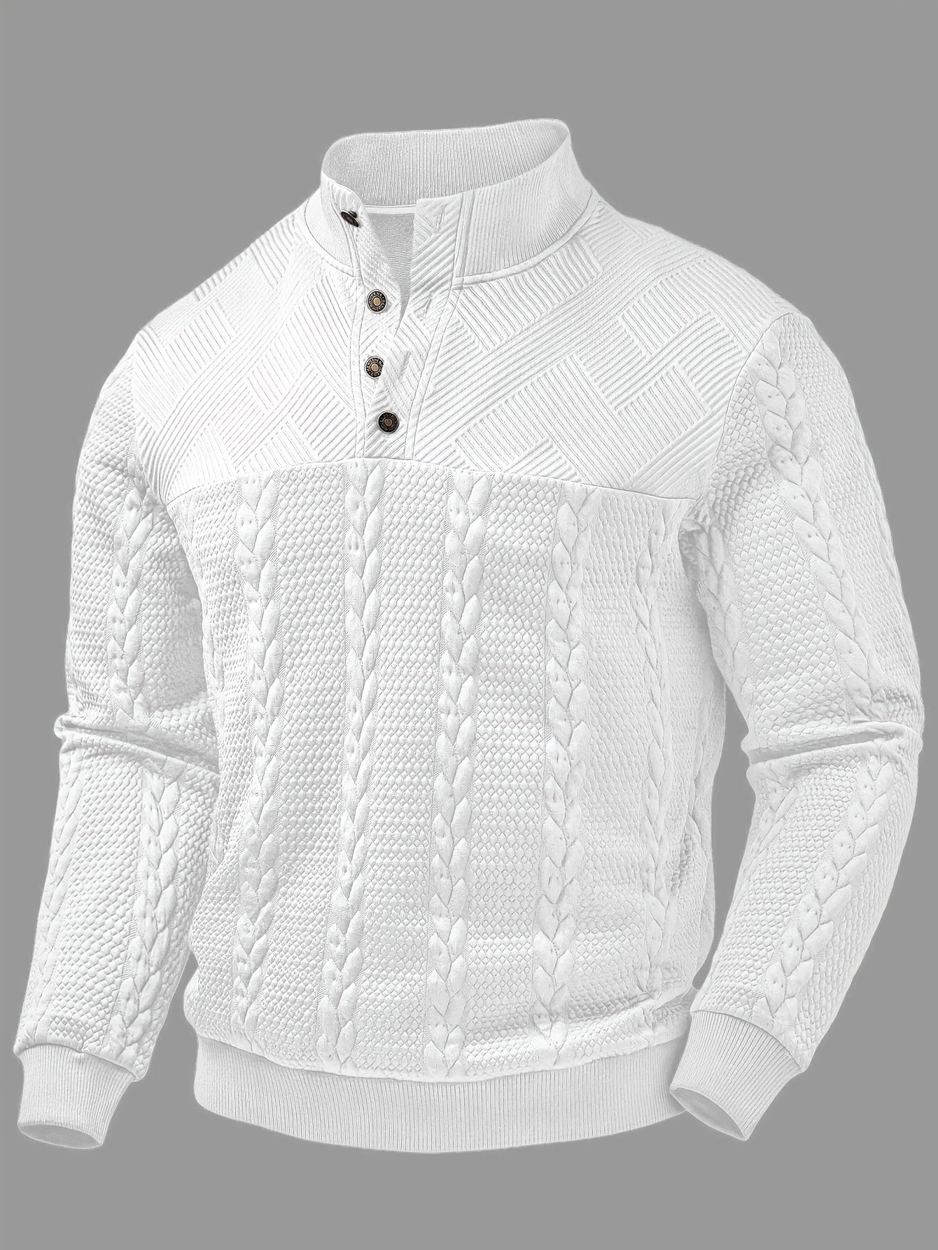 Comfortable Black Cable Knit Sweater for Women with Mock Neck Long Sleeve Button Placket Relaxed Style