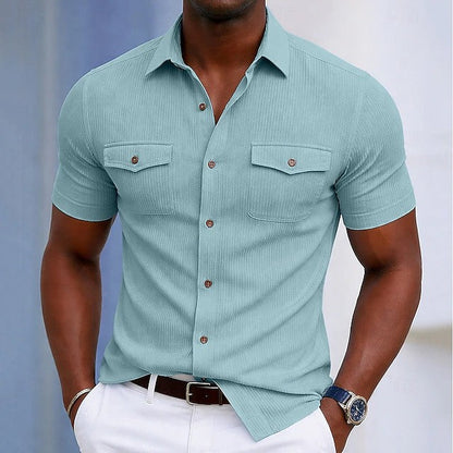 Effortless Ribbed Knit Button Up Shirt for Women with Collar Short Sleeve Chest Pocket Casual Style