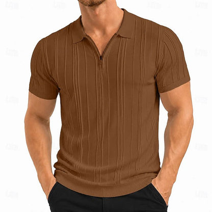 Effortless Ribbed Knit Polo Shirt for Women with Zip Collar Short Sleeve Fitted Casual Style