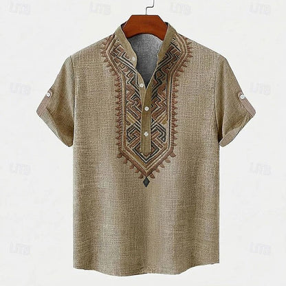 Effortless Tribal Embroidered Linen Henley Shirt for Women with Band Collar Short Sleeve Button Placket Casual Style