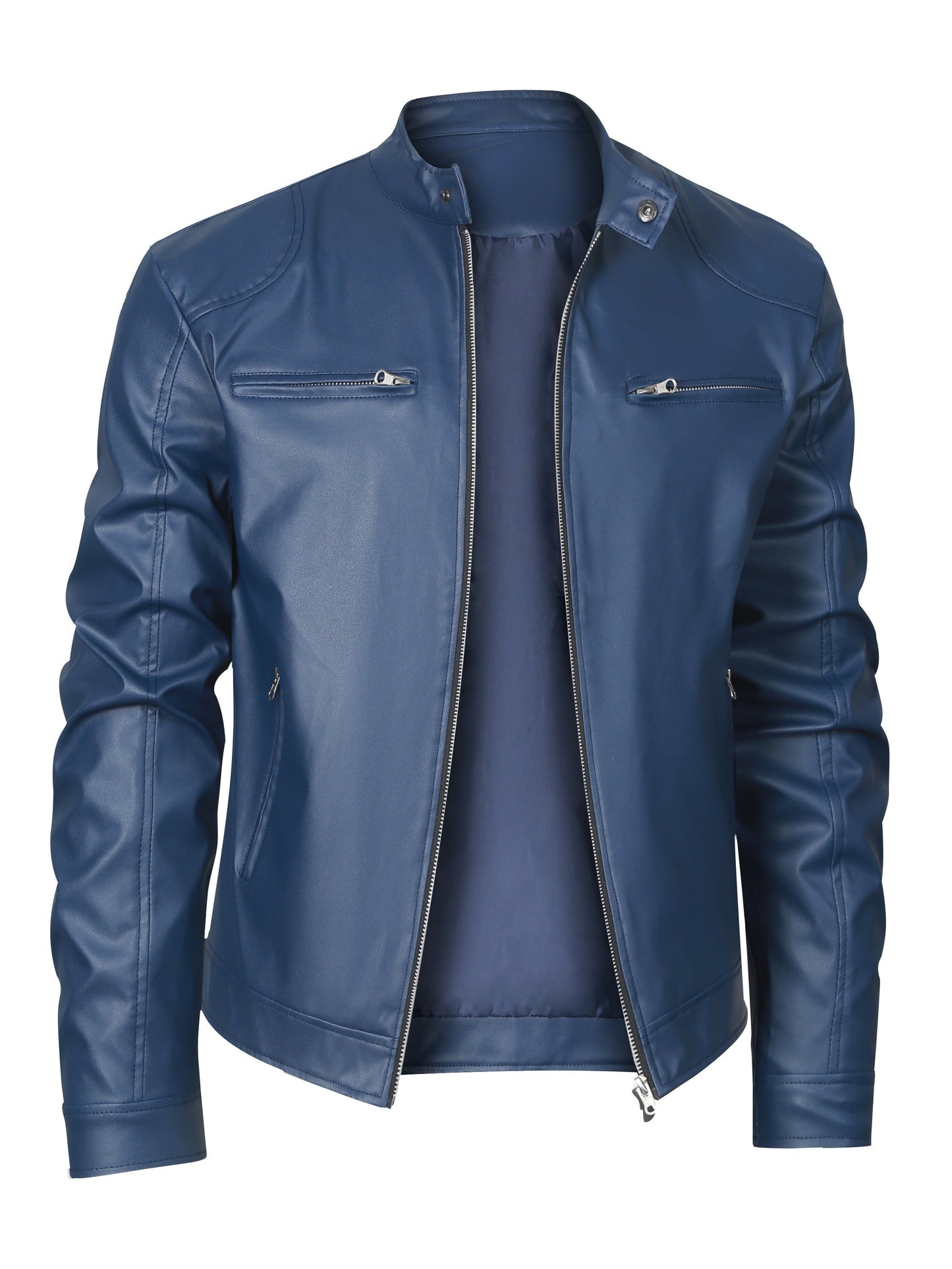 Elegant Navy Blue Leather Jacket for Women with Stand Collar Long Sleeve Zip Pocket Moto Style