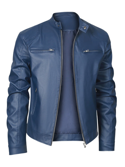 Elegant Navy Blue Leather Jacket for Women with Stand Collar Long Sleeve Zip Pocket Moto Style