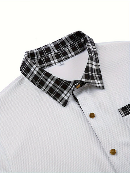 Effortless Plaid Trim Blouse for Women with Collar Long Sleeve Button Front Relaxed Casual Style