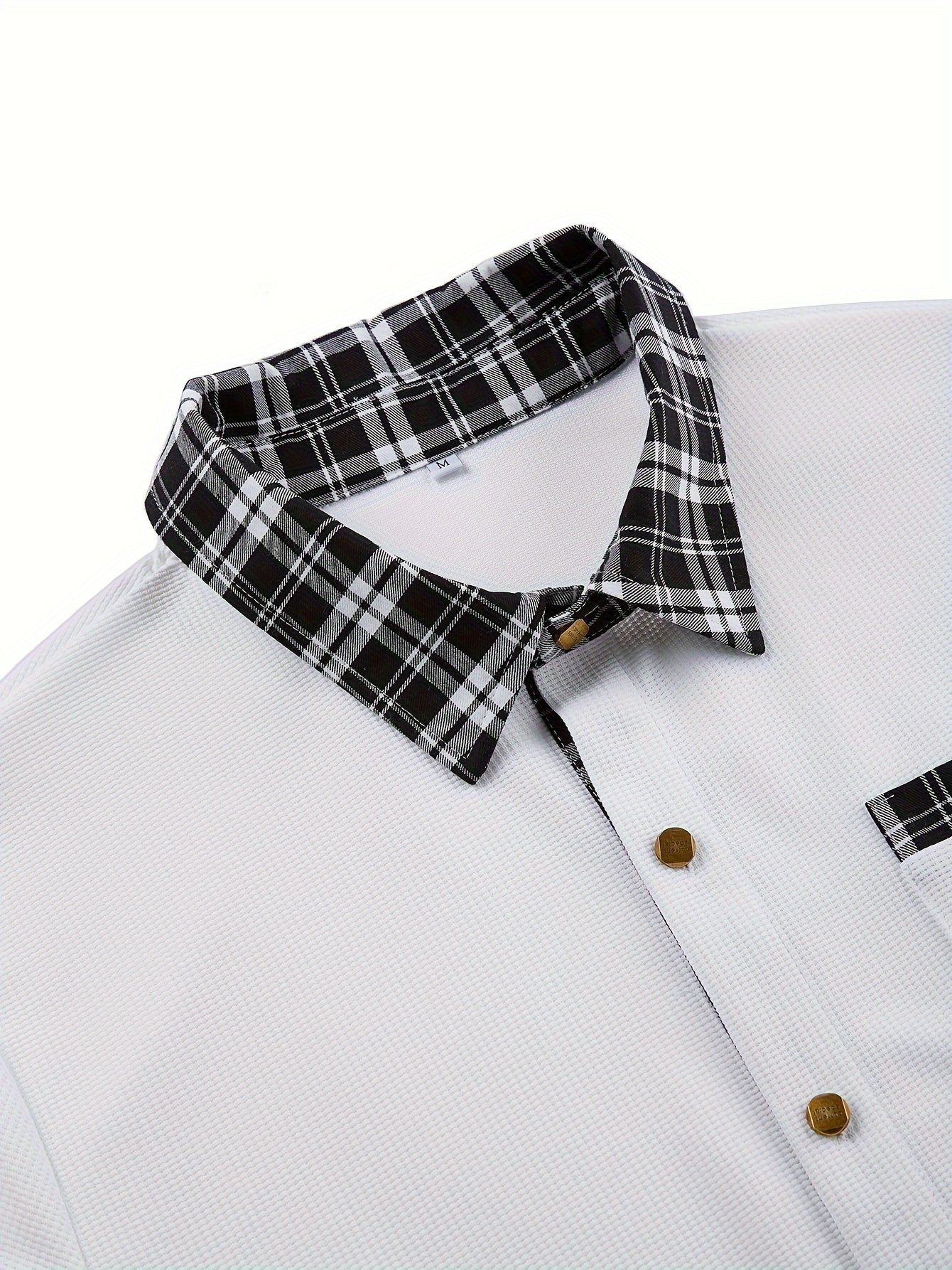 Effortless White Waffle Knit Button Down Shirt for Women with Plaid Collar Long Sleeve Button Front Chest Pocket Casual Style